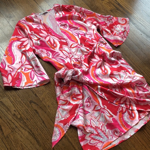 BOGO 2/$10 Ouropean Ztation Vibrant Colorful Abstract Floral Wrap Dress Cover-Up - Picture 3 of 6